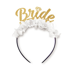 The Original Bride Bachelorette Party Headband Crown: Gold words/white fringe